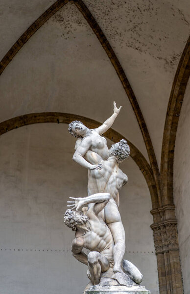 Florence, Italy - August 26, 2018: Statue sculpture Giambolognas Sabine Women in Piazza della Signoria