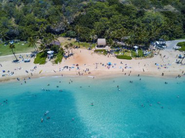 Havadan insansız hava aracı Hawaii 'deki Hanauma Körfezi Doğa Koruma Alanı' ndaki sahili görüntüledi.