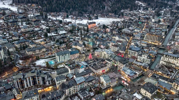 Aerial drone view of Chamonix Mont Blanc, in French Alps — Stock Photo, Image
