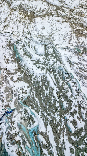 Overhead aerial drone view of glacier in Montenvers, near Chamonix, French Alps — Stok fotoğraf