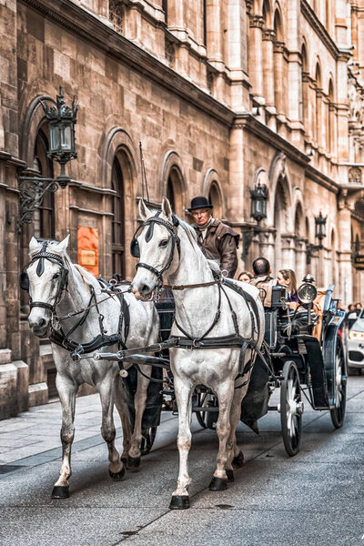 Vienna, Austria - April 27, 2019: Man riding horse carriage on Vienna Street