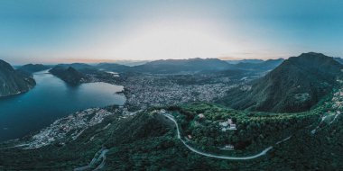 Lugano Gölü, Monte bre, Salvatore ve Lugano şehrinin insansız hava aracı görüntüsü.