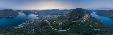 Lugano Gölü, Monte bre, Salvatore ve Lugano şehrinin insansız hava aracı görüntüsü.