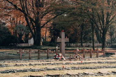 Almanya 'nın Hamburg şehrinde sonbahar aylarında Ohlsdorf Mezarlığı' ndaki mezarlıkta mezar taşı haçı