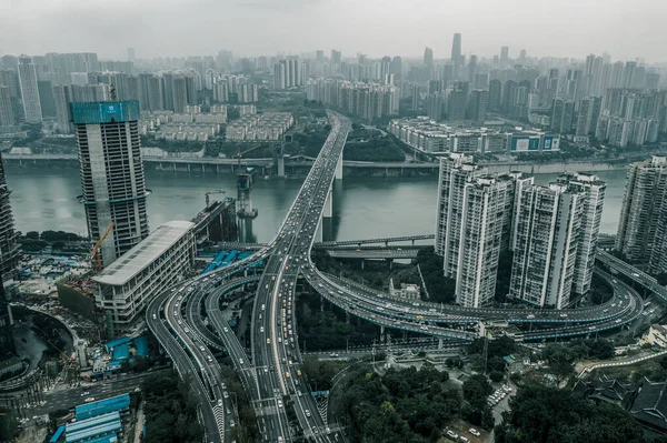 Chongqing China Dezember 2019 Luftaufnahme Des Überflugverkehrs Vor Sonnenaufgang Chongqing — Stockfoto