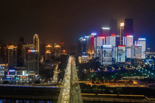Vista Aérea Noturna Ponte Huanghuayuan Para Distrito Jiang Bei — Fotografia de Stock