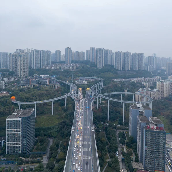 Aerial Drone Shot Caiyuanba Flyover Traffic Bleak Morning Time —  Fotos de Stock