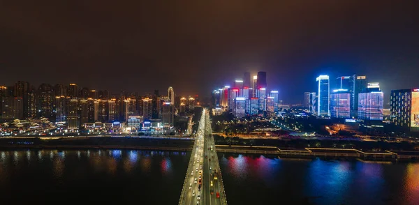 Vista Aérea Noturna Ponte Huanghuayuan Para Distrito Jiang Bei — Fotografia de Stock