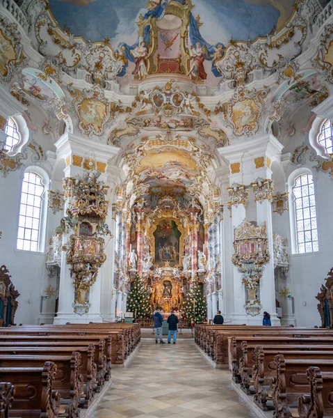 Látogatók Megcsodálhatják Homlokzatán Főoltár Belül Zarándoklat Templom Wies Wieskirche — Stock Fotó