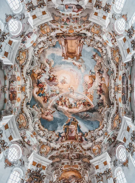 Rococo Stílusú Kupola Fresquo Mennyezet Tromp Oeil Zarándoklat Templom Wies — Stock Fotó