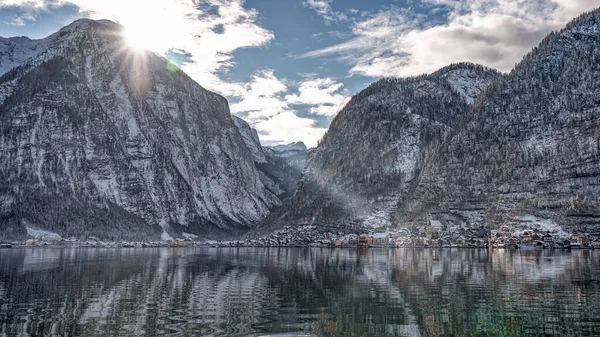 Снежная Деревня Халла Подножия Горы Озера Австрии — стоковое фото