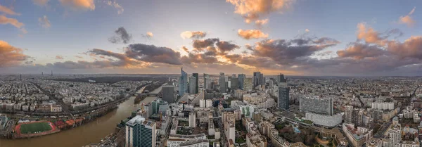 Panoramic Aerial Drone Shot Defense Skyscraper Complex Clouds Sunset Hour — Stock Photo, Image