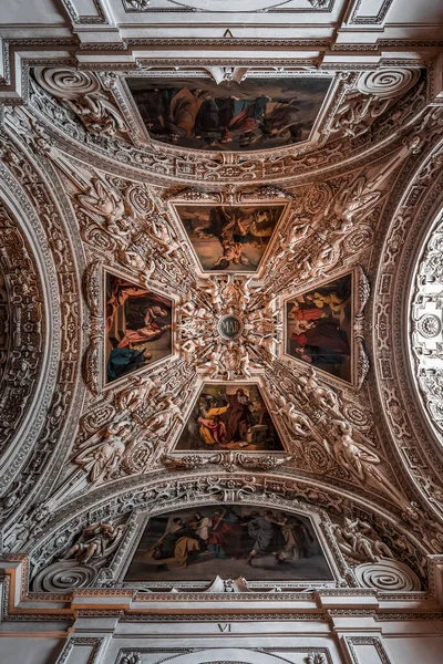 Upward View Marble Ceiling Baroque Ornamentation Paintings Aisle Salzburg Cathedral — Stock Photo, Image