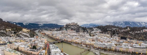 Panoramic Aerial Drone Shot View Skyline Snowy Salzburg Old Town — Stock Photo, Image