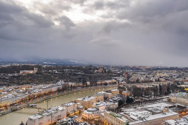 Aerial Drone View Monchsberg Mirabelle Park Salzach River Snowy Winter — Stock Photo, Image