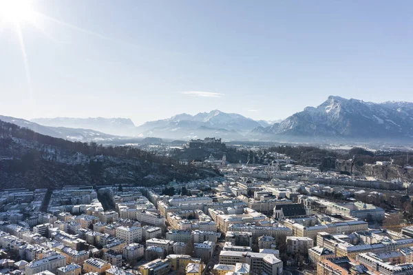 Aerial Drone View Salzburg Snowy North Town View Unesberg Mountain — Stock Photo, Image