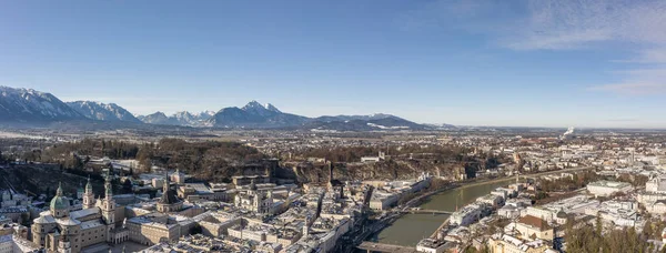 Panoramic Aerial Drone Snowy View Northrn Salzburg Outskirts Winter Morning — Stock Photo, Image