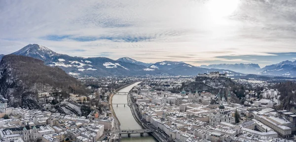 Aerial Drone Shot View Snowy Salzburg City Old Town River — Stock Photo, Image