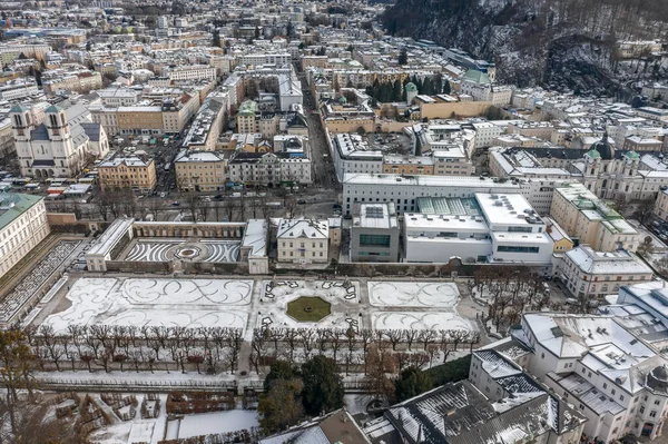 Letecký Dron Natočil Pohled Palác Mirabell Sněhem Zimním Období — Stock fotografie