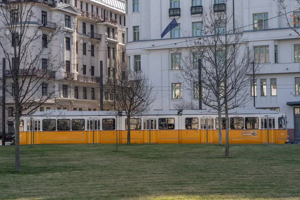 Budapest Ungarn Februar 2020 Straßenbahn Fährt Winter Ungarischen Parlament Vorbei — Stockfoto