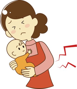 Anne bebeğini tutuyor.