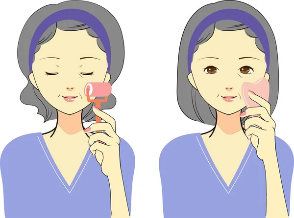 Ilustración de una mujer haciendo cuidado de la piel — Vector de stock