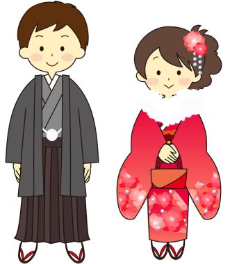 Erkekler ve kadınlar Japon resmi töreninde giyinmiş.