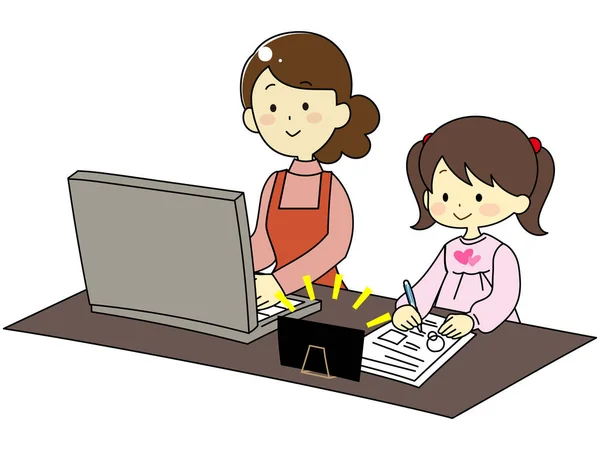 与在家工作的父母一起学习的儿童 — 图库矢量图片