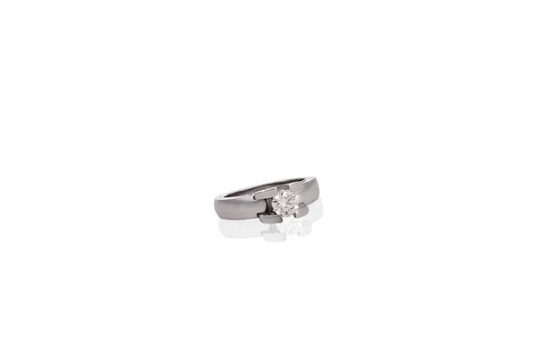 Silver Gold precious ring female with big diamonds on white background. Good material for design jewelery. — Stock Photo, Image