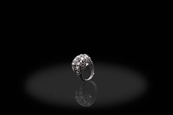 Silver precious crown ring female with diamonds on black background. Good material for design jewelery. — Stock Photo, Image