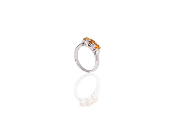 Platinum precious ring female with big yellow diamonds on white isolated background. — Stock Photo, Image