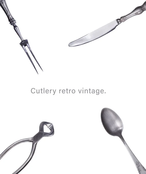 Bestick retro vintage. Kött plug, kniv, sked och Avbitartång för socker. — Stockfoto