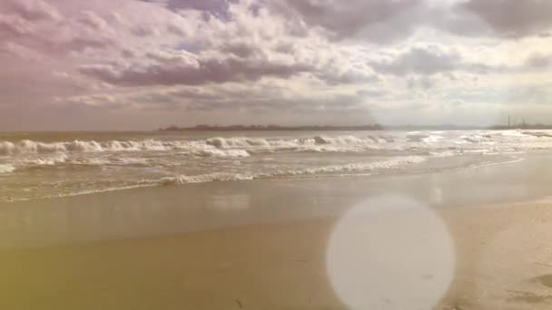 复古风格 海浪的海洋 云和海鸥 水冲浪 阳光明媚的一天 — 图库视频影像