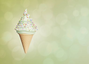 Waffle külahı soyut renkli arka planda oldukça detaylı ve lezzetli bir fıstıklı dondurma. Bokeh baloncukları. 3d illüstrasyon