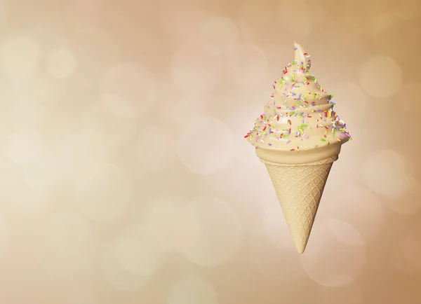 非常详细的美味焦糖冰激凌在华夫饼锥抽象的彩色背景。 Bokeh气泡。 3d说明 — 图库照片