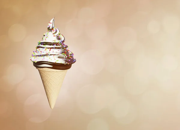 精美的冰淇淋、巧克力和香草在华夫饼筒中，色彩斑斓的背景。 Bokeh气泡。 3d说明 — 图库照片