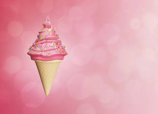 精美的草莓冰淇淋配上华夫饼筒,色泽浓郁. Bokeh气泡。 3d说明 — 图库照片