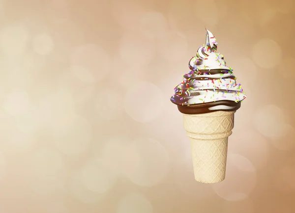 精美的冰淇淋、巧克力和香草在华夫饼杯中，色彩斑斓的背景。 Bokeh气泡。 3d说明 — 图库照片