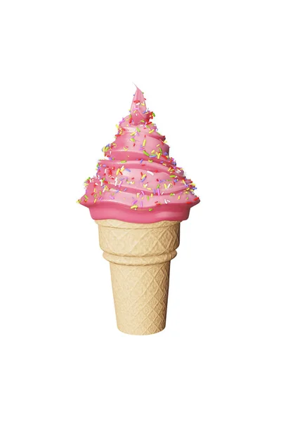 精美的草莓冰淇淋,装在一个白色背景的华夫饼杯中. 3d说明 — 图库照片