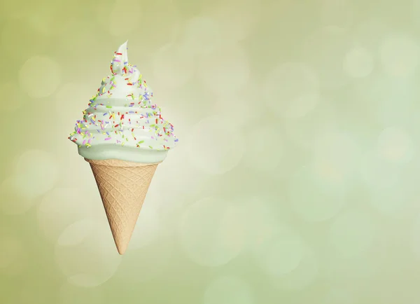 精美的开心果冰淇淋配华夫饼筒，色泽深浅。 Bokeh气泡。 3d说明 — 图库照片