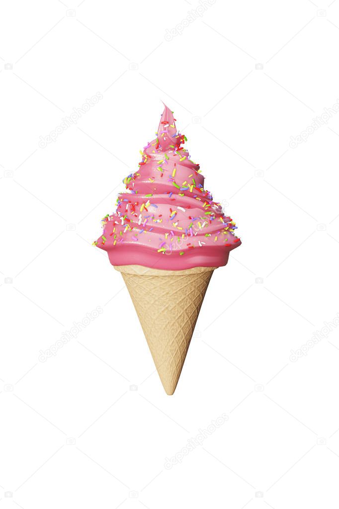 Highly detailed delicious strawberry ice cream in a waffle cone isolated on a white background. 3d illustration