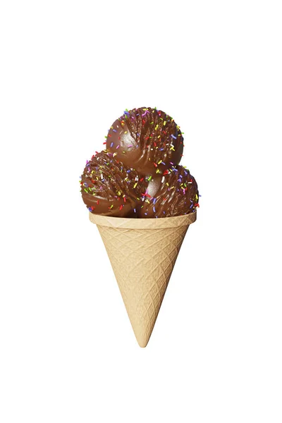 精美的巧克力冰淇淋，装在一个白色背景的华夫饼蛋筒里. — 图库照片