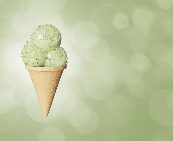 Highly detailed delicious balls pistachio ice cream in a waffle cone Abstract colored background. Bokeh bubbles.
