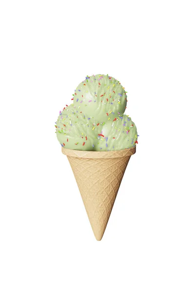 Highly detailed delicious balls pistachio ice cream in a waffle cone isolated on a white background. — Stock Photo, Image