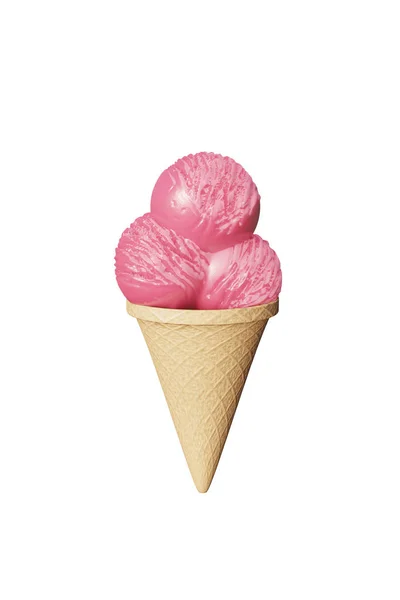 精美的草莓冰淇淋，装在一个白色背景的华夫饼蛋筒里. — 图库照片