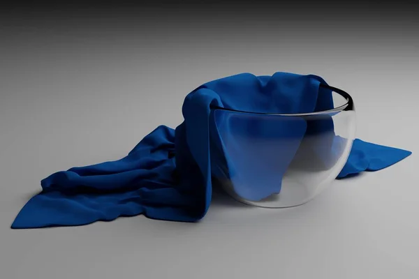 Стеклянная ваза на белом столе, покрытая голубой шелковой тканью. 3d-рендеринг — стоковое фото