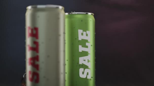 Tin Cans Inscription Sale Spin Backdrop Splash Colorful Lighting Spray — Stock Video