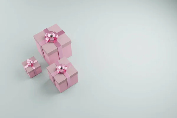 Geschenkboxen mit glänzenden Bändern und Schleife. Festliche Verpackung, Minima — Stockfoto