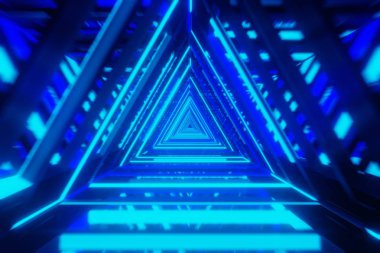 Neon ışıklı tünel üçgenleri perspektifine sahip soyut 3d uzay arkaplan bilim kurgusu. 