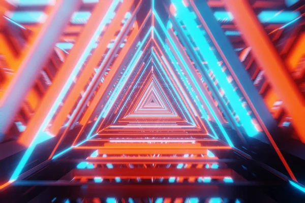 Abstract 3D space background Sci-Fi with a perspective of tunnel triangles neon light. — Stock Photo, Image